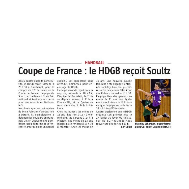 Coupe de France : Le HDGB reçoit Soultz